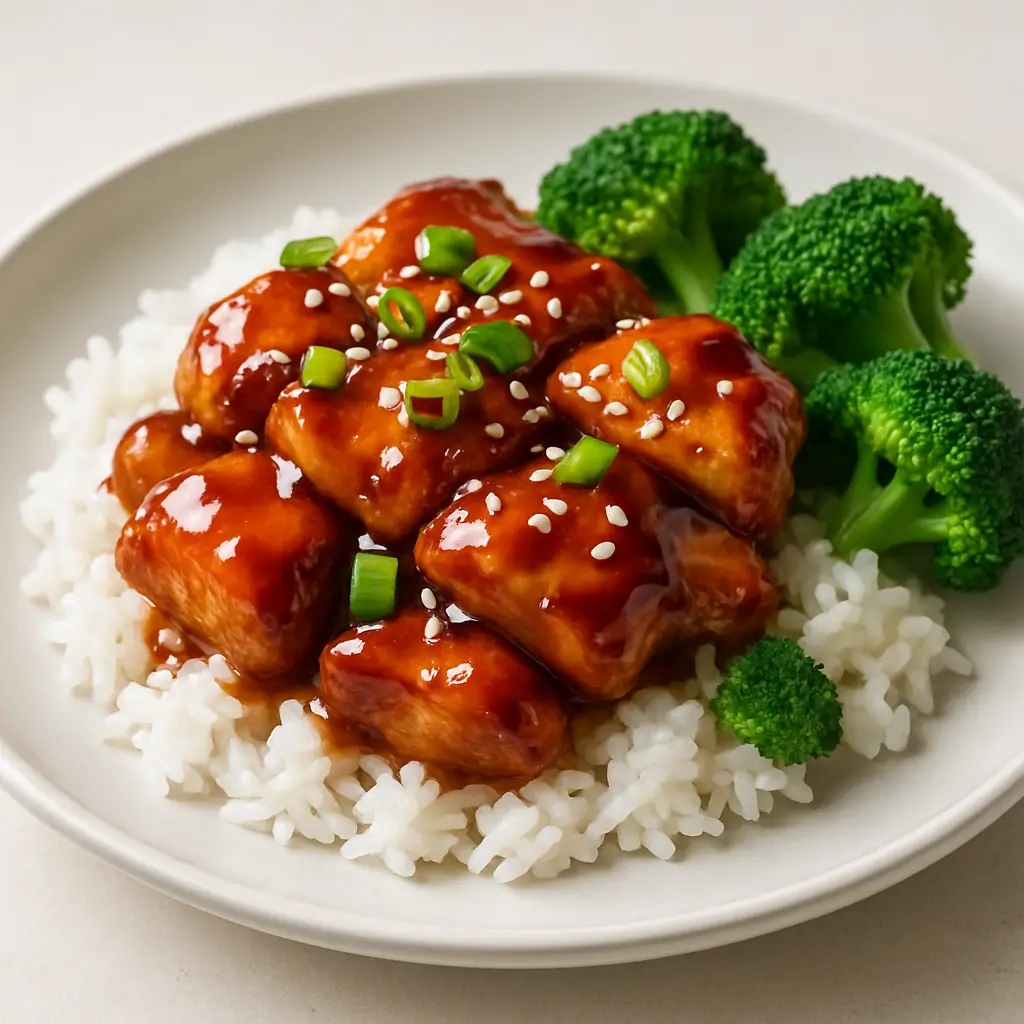 Glazed air fryer teriyaki chicken served over rice with sesame seeds and green onions