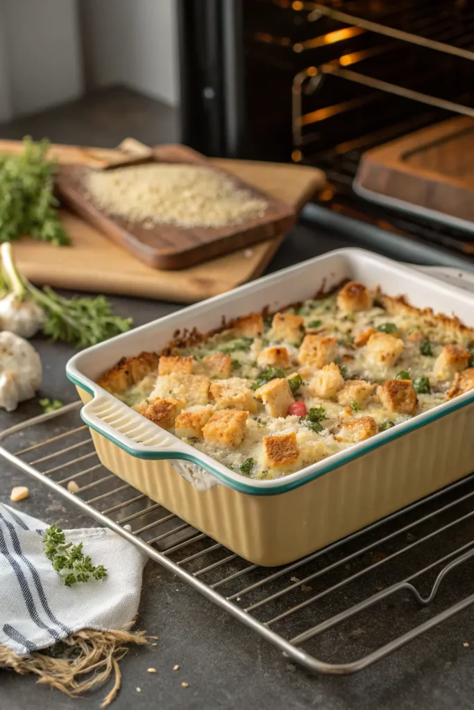 Fully assembled chicken stuffing casserole ready to go into the oven
