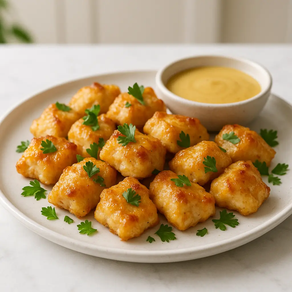 Crispy baked chicken bites served with dip on a white plate