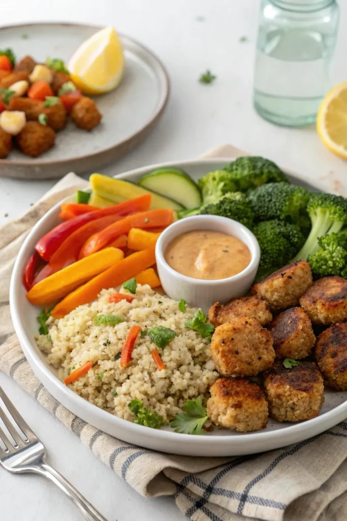 Baked chicken bites served with salad and roasted vegetables