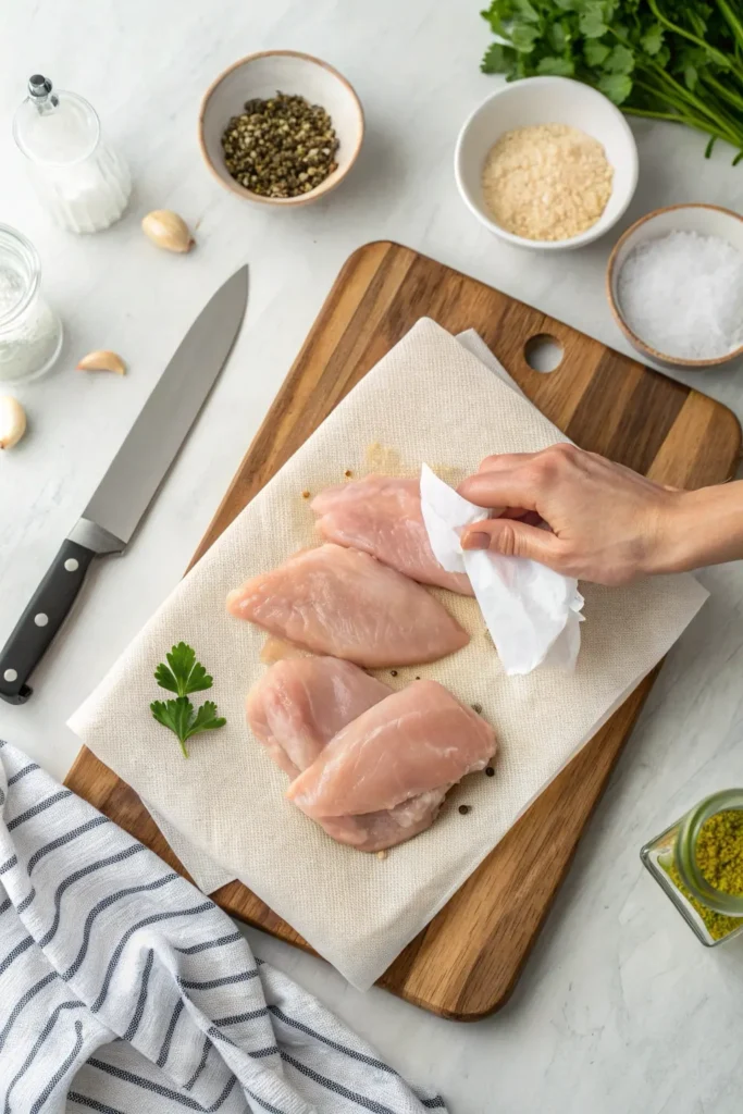 Patting raw chicken breasts dry on a cutting board