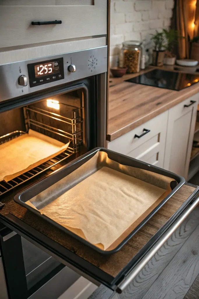 Oven preheating to 425°F with a baking tray ready