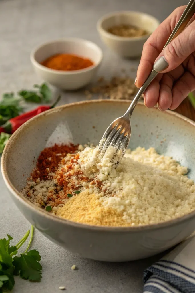 Mixing breadcrumb and Parmesan coating in a bowl