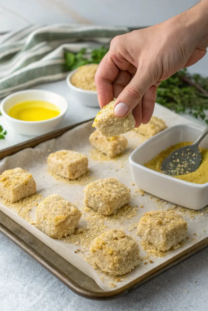 Coating chicken pieces with breadcrumb mixture