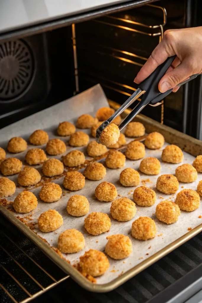 Chicken bites baking in oven and being flipped with tongs
