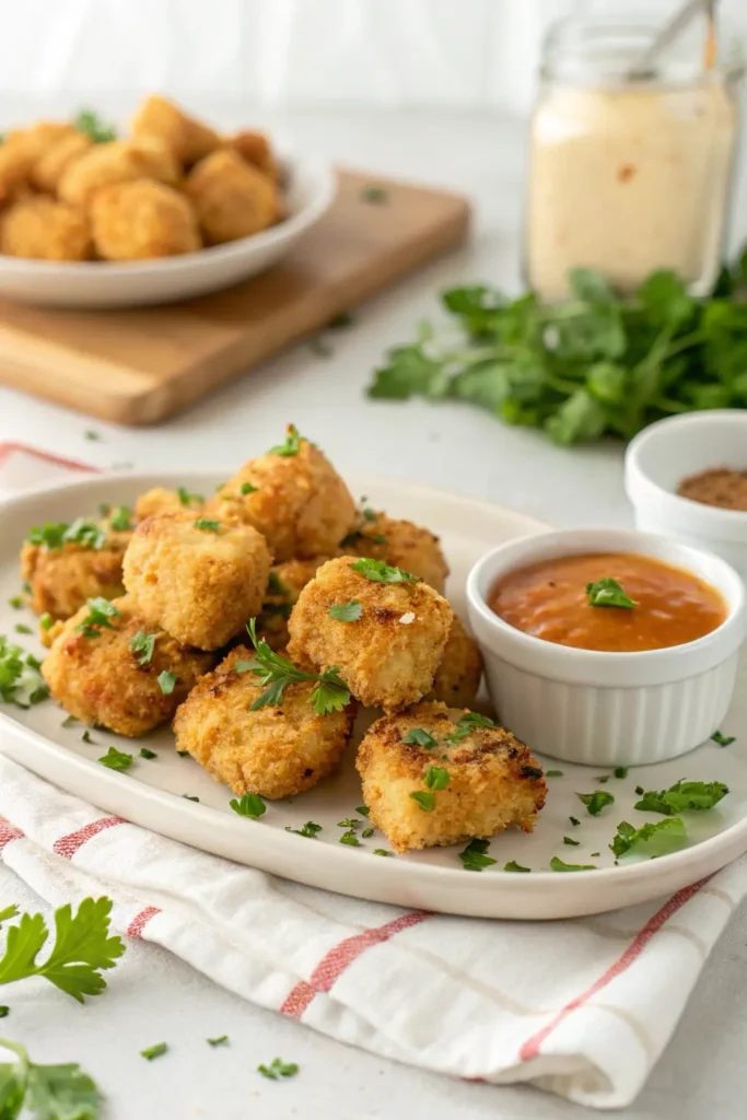 Crispy baked chicken bites served on a plate with dip