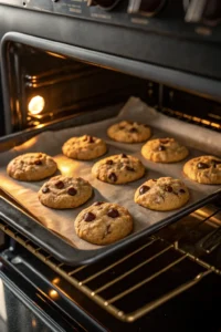 A tray of banana oat protein cookies baking in the oven, looking golden brown around the edges.