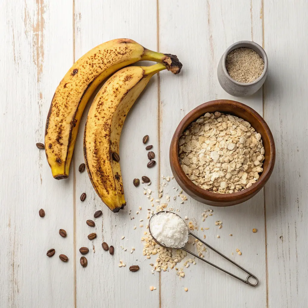 The three main ingredients for banana oat protein cookies: ripe bananas, rolled oats, and a scoop of vanilla protein powder.