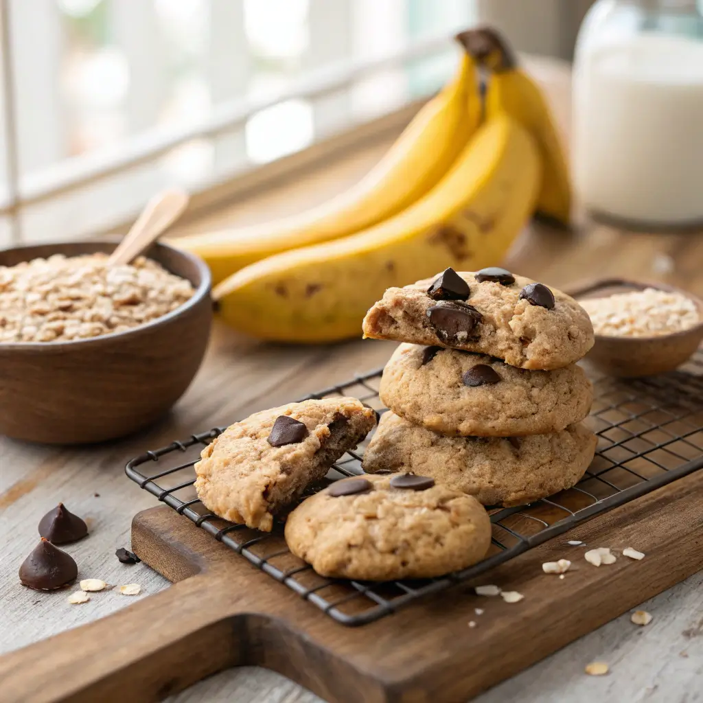 A stack of soft and chewy banana oat protein cookies on a rustic wooden cooling rack.