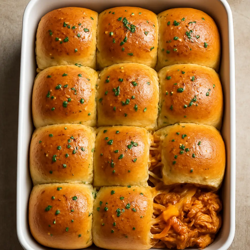 Golden BBQ chicken sliders with melted cheese in a baking dish