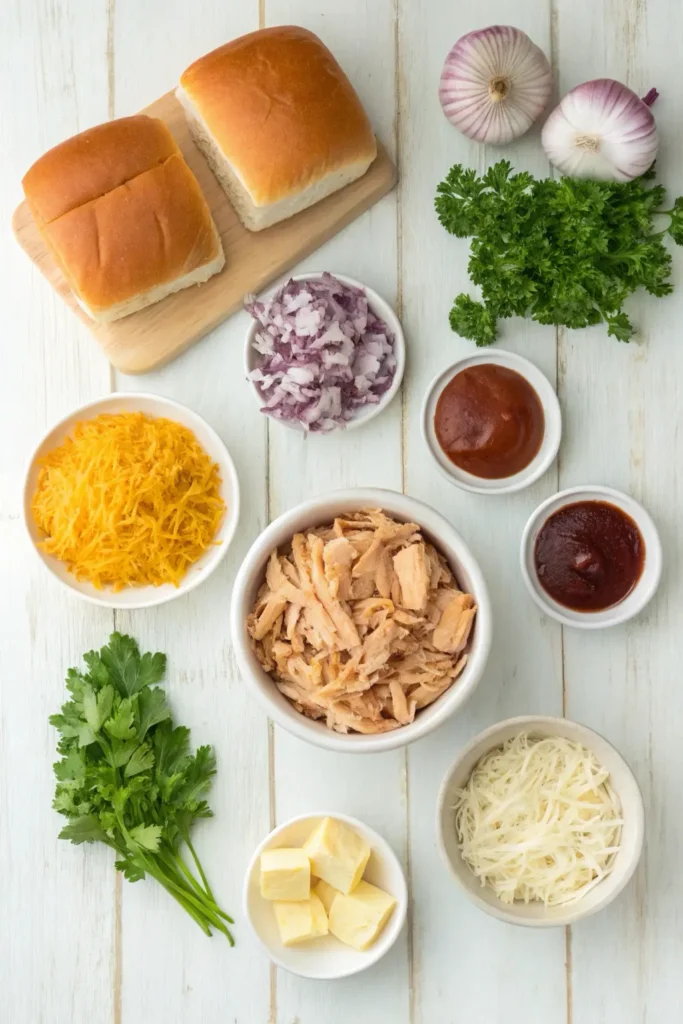 Ingredients for BBQ chicken sliders including buns, chicken, barbecue sauce, and cheese