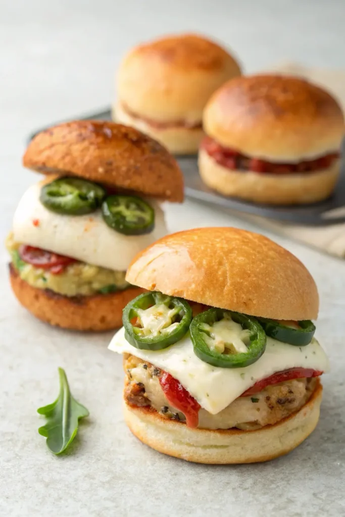 BBQ slider variations with jalapeños, different cheeses, and toasted buns