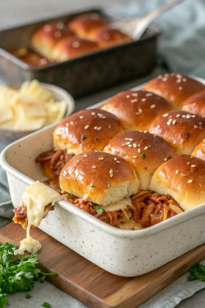 Freshly baked BBQ chicken sliders with golden tops