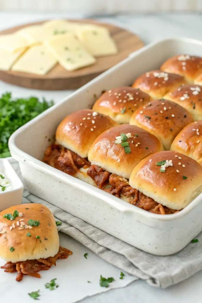 Assembled BBQ chicken sliders before baking