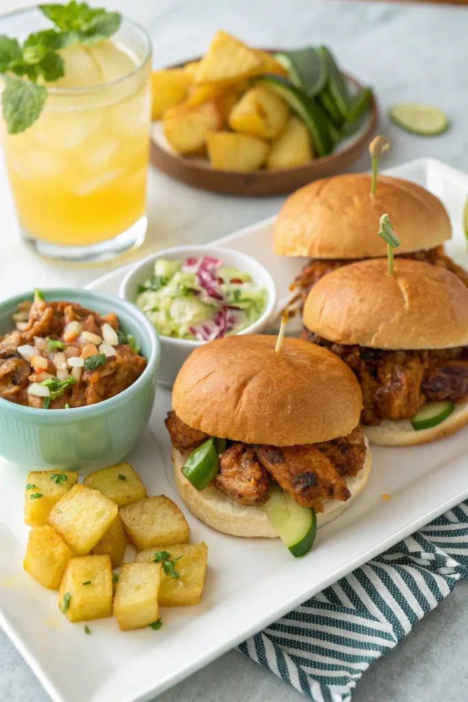 BBQ chicken sliders with side dishes like potatoes and salad