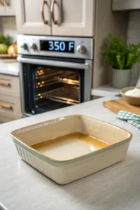 Greased baking dish with oven preheating in the background