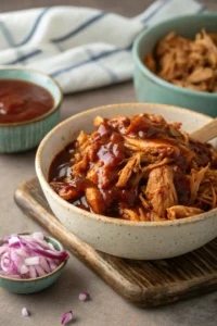 Shredded chicken mixed with barbecue sauce in a bowl