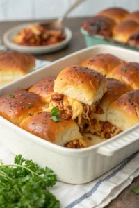 Baked BBQ chicken sliders being served from a baking dish