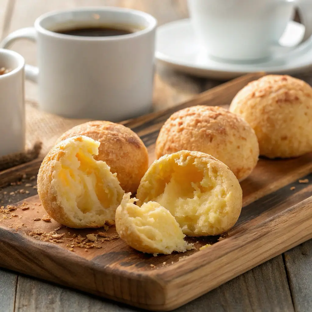 Golden Brazilian cheese bread recipe balls (pao de queijo) on wooden board with one broken open showing stretchy cheese interior