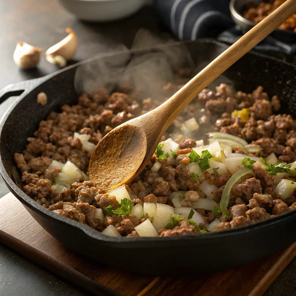 Ground beef and diced onions cooking in a large skillet with steam rising and meat browning