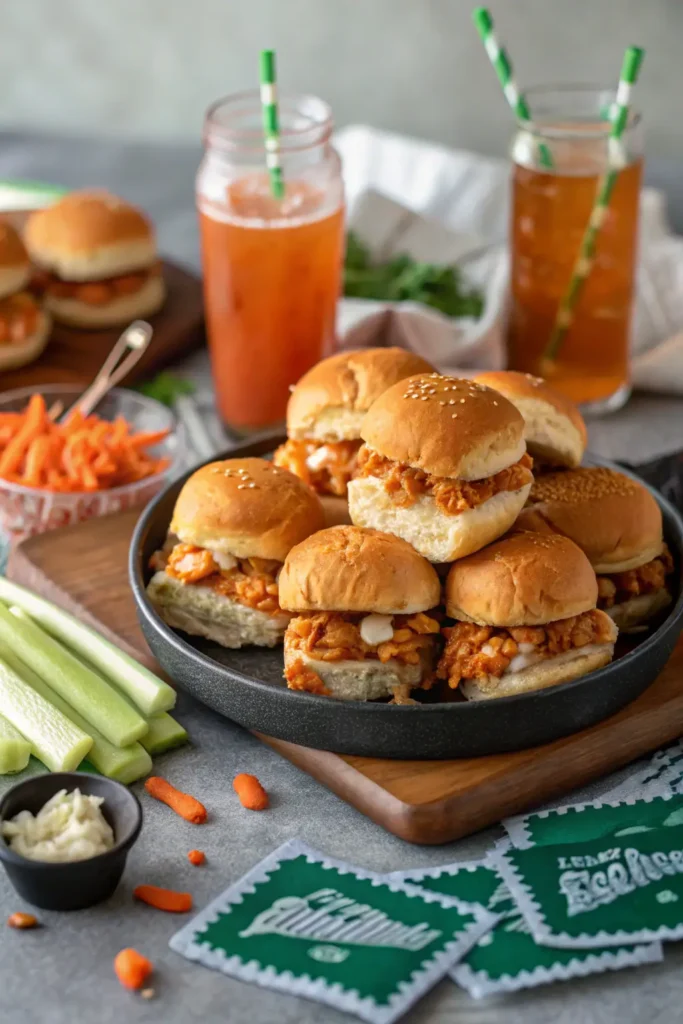 Buffalo chicken sliders on a party table with drinks and snacks