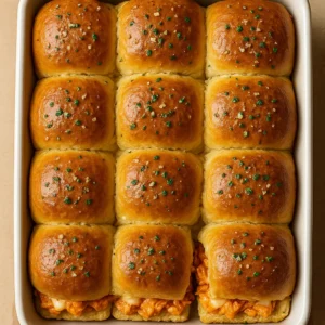 Golden-brown Buffalo chicken sliders with melted cheese in a baking dish