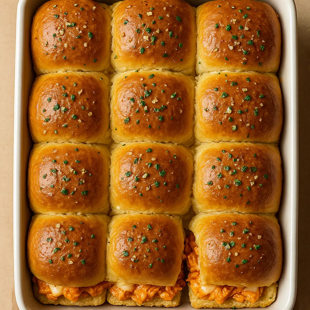 Golden-brown Buffalo chicken sliders with melted cheese in a baking dish