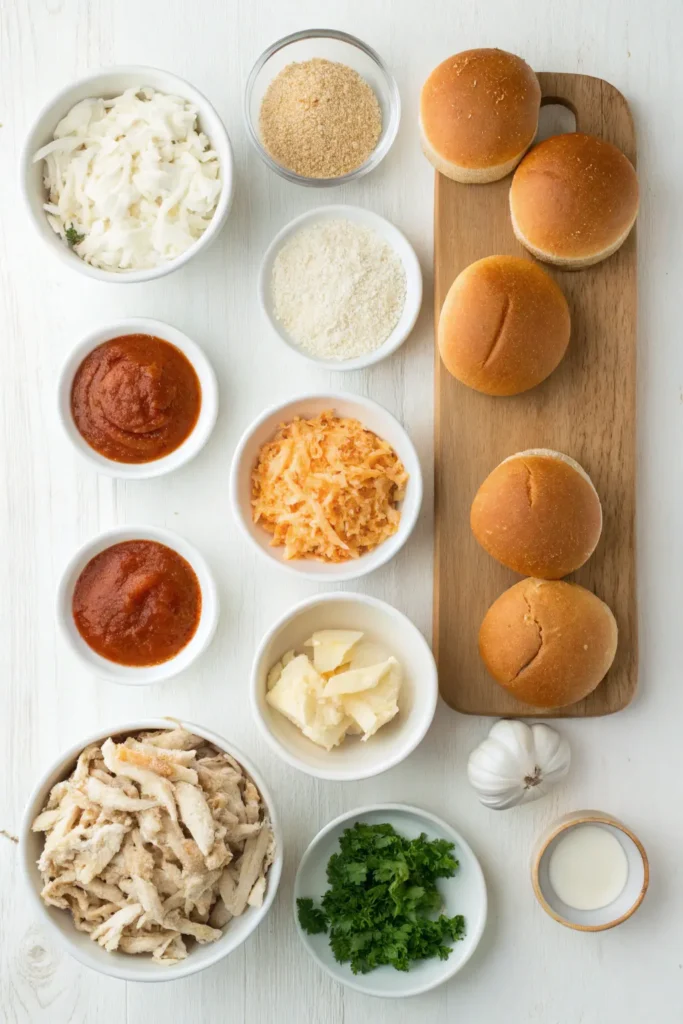 Ingredients for Buffalo chicken sliders including chicken, buffalo sauce, buns, and cheese