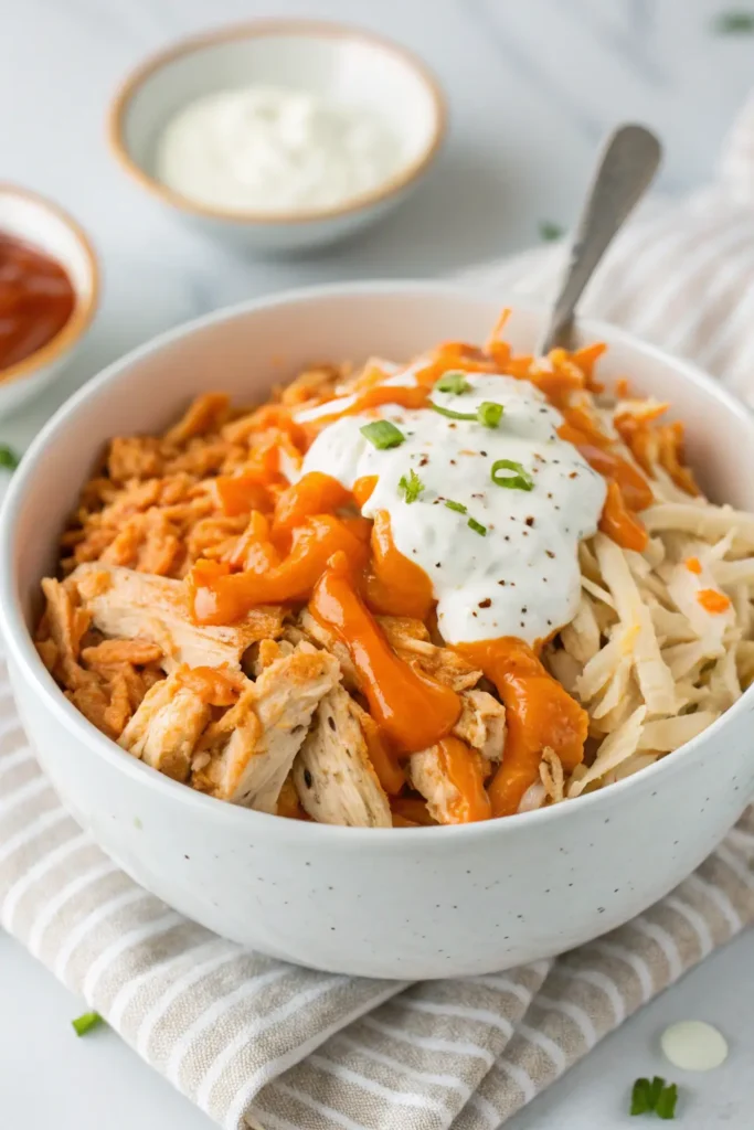 Shredded chicken mixed with buffalo sauce and ranch dressing in a bowl