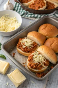 Buffalo chicken and cheese layered onto slider buns in a baking dish