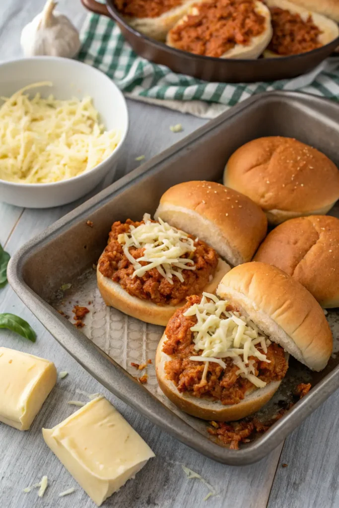 Buffalo chicken and cheese layered onto slider buns in a baking dish