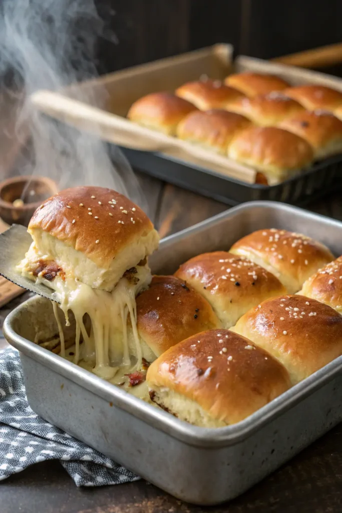 Baked Buffalo chicken sliders with golden tops and melted cheese