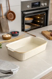 Greased baking dish ready for sliders with oven preheating in the background