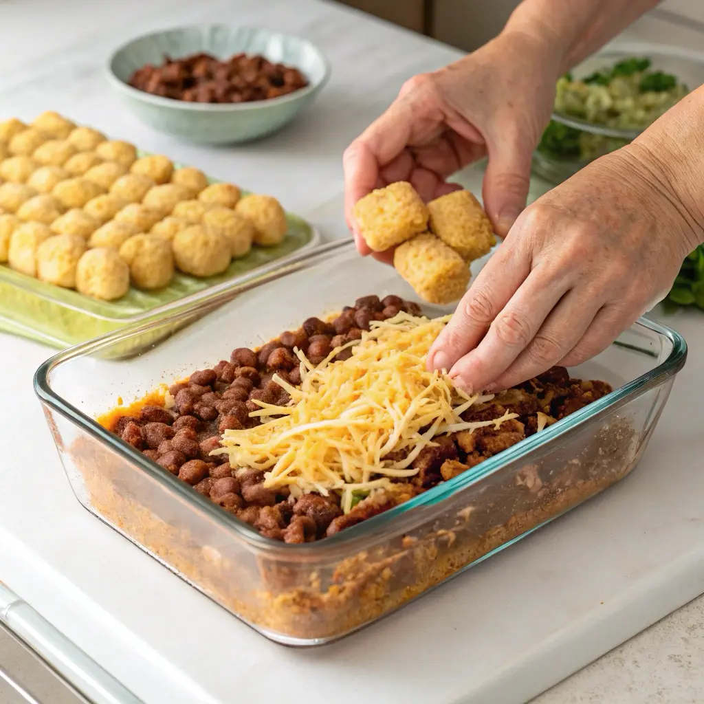 Hands layering ingredients in a baking dish showing the beef mixture, cheese layer, and tater tots on top