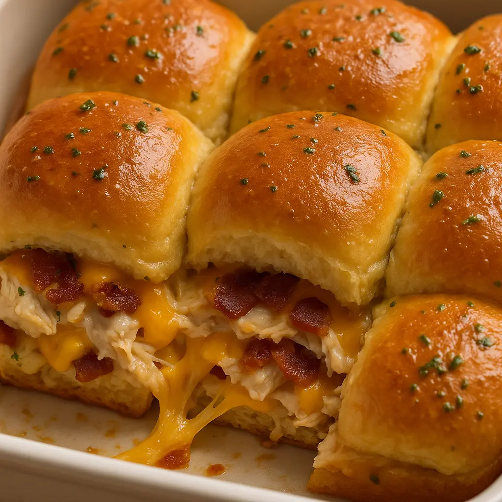 Golden baked chicken bacon ranch sliders pulled apart with melted cheese and bacon