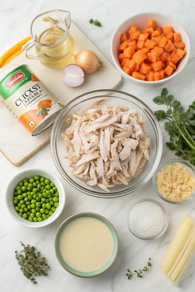 All ingredients for chicken stuffing casserole arranged on marble countertop