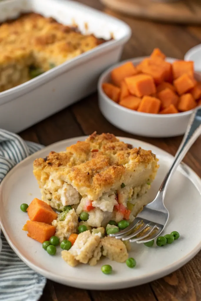 Portion of chicken stuffing casserole served on white plate with fork