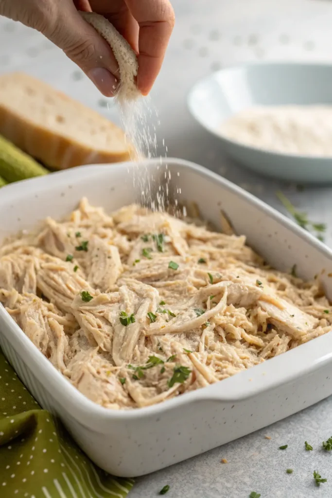 Shredded chicken in baking dish being seasoned with herbs and spices