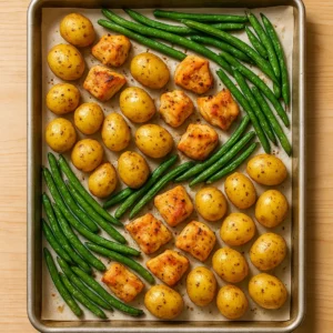Sheet pan chicken potatoes and green beans recipe fresh out of the oven.