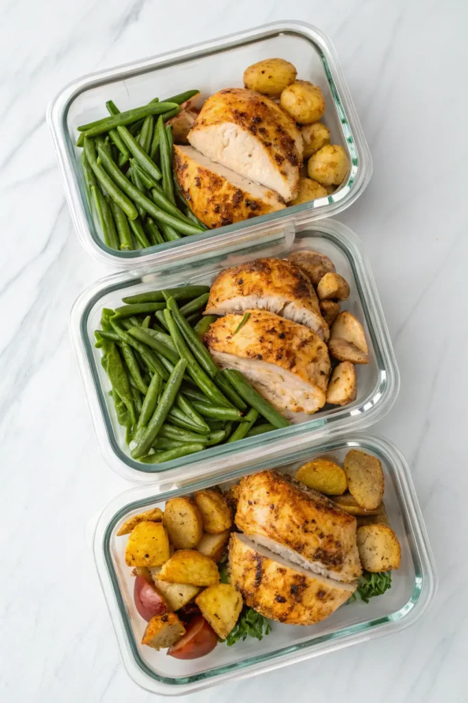 Meal prep containers with chicken potatoes and green beans