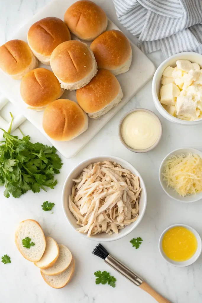 "Flat lay of ingredients for making cheesy chicken sliders, including buns, shredded chicken, cheese, garlic butter, and herbs"