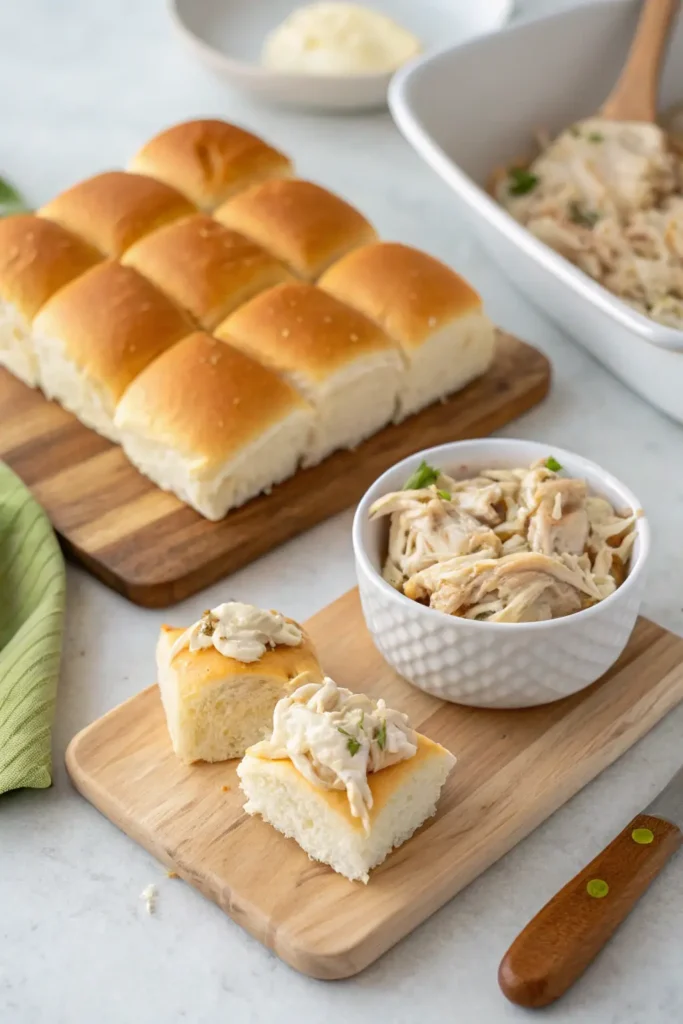 Slider buns sliced in half with shredded chicken in a bowl next to a greased baking dish