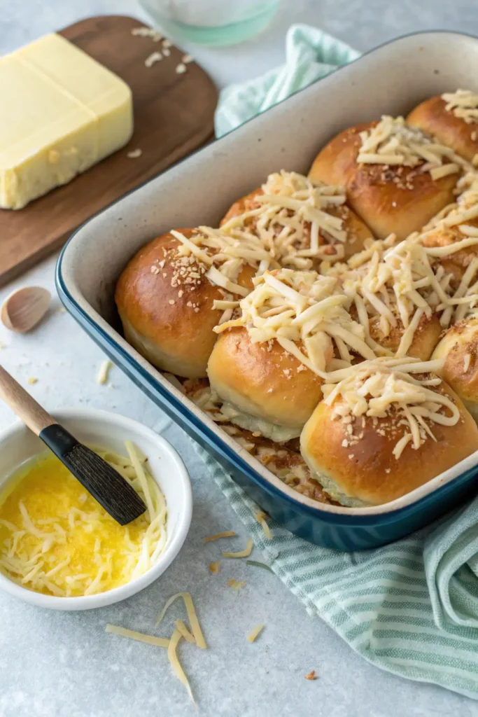 Chicken and cheese layered on bottom slider buns in a baking dish with garlic butter nearby