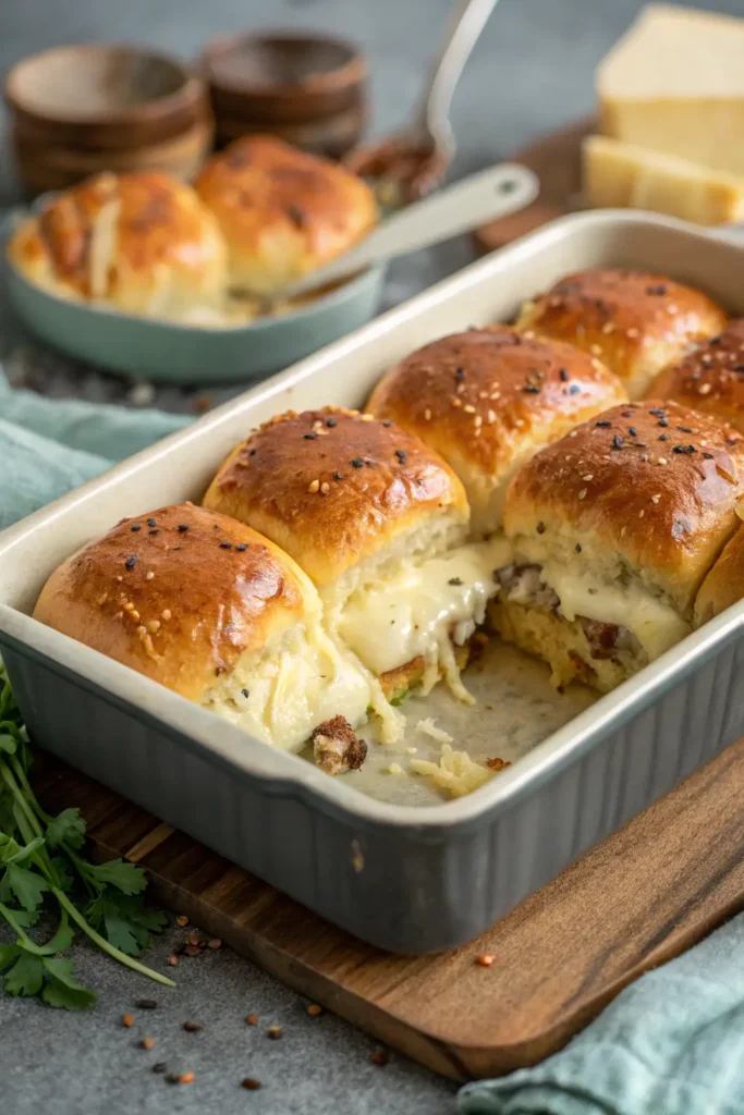 Alt Text: Baked chicken sliders with melted cheese and golden, buttery tops