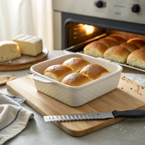 Slider buns sliced in half and placed in a baking dish, ready for filling