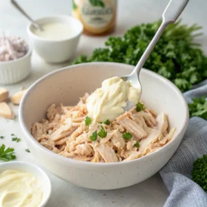 Shredded chicken being mixed with mayonnaise in a bowl