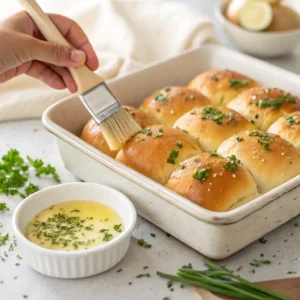 Brushing garlic butter on top of assembled slider buns