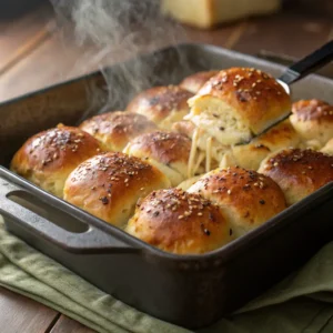 Baked chicken sliders fresh out of the oven with golden tops