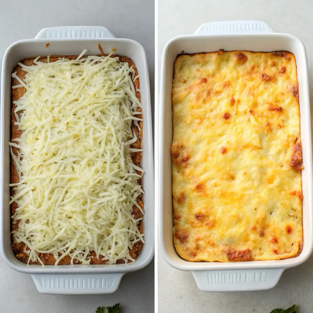 Chicken taco casserole before and after baking showing transformation from raw to golden bubbly cheese
