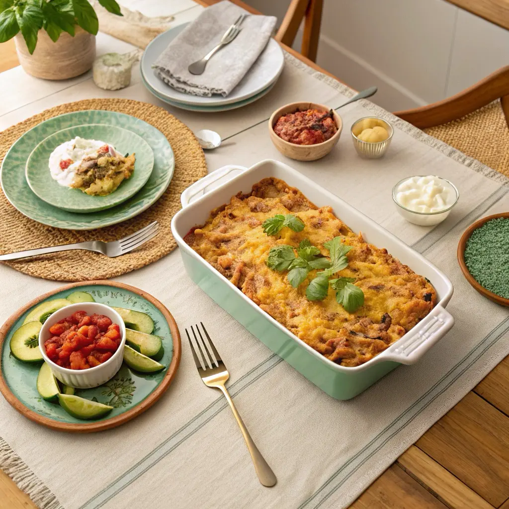 Family dinner table set with chicken taco casserole centerpiece and Mexican-inspired toppings